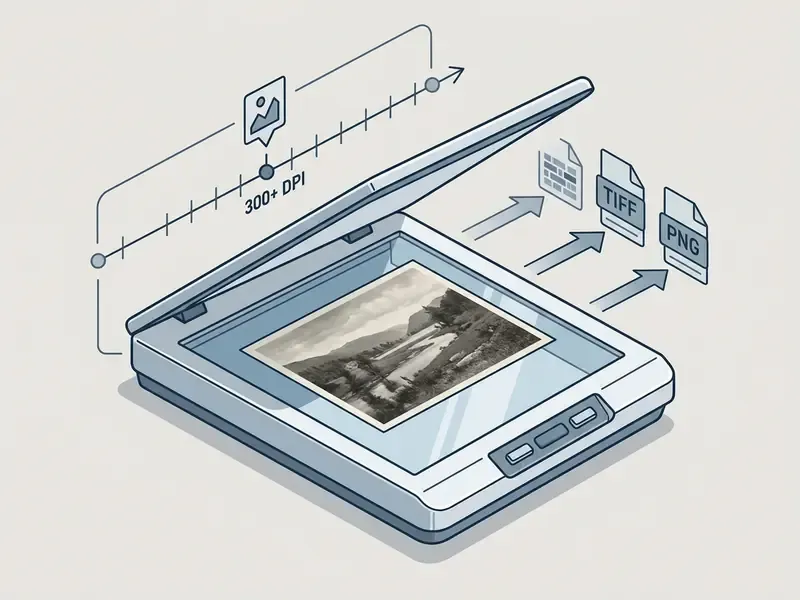 Flatbed scanner showing recommended 300 DPI resolution and TIFF or PNG output file formats