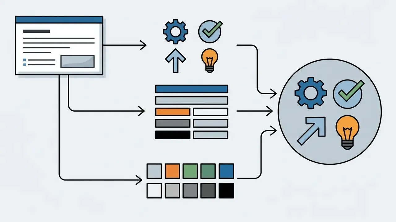 Icons, typography, and color palettes converging into a unified brand design circle