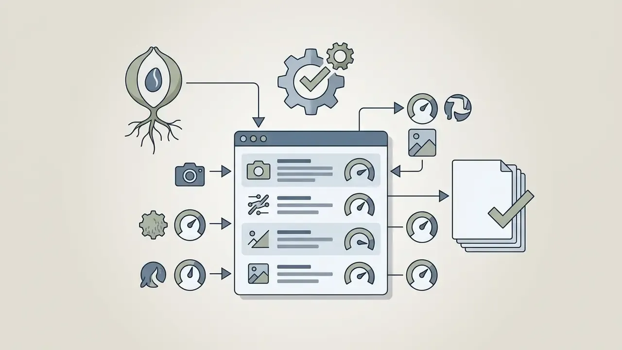Central control panel with gauge icons and gear settings connecting to a stack of verified documents