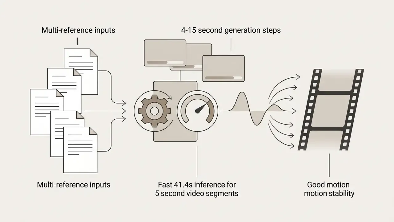 Process flow showing multiple reference inputs converted into video segments with motion stability