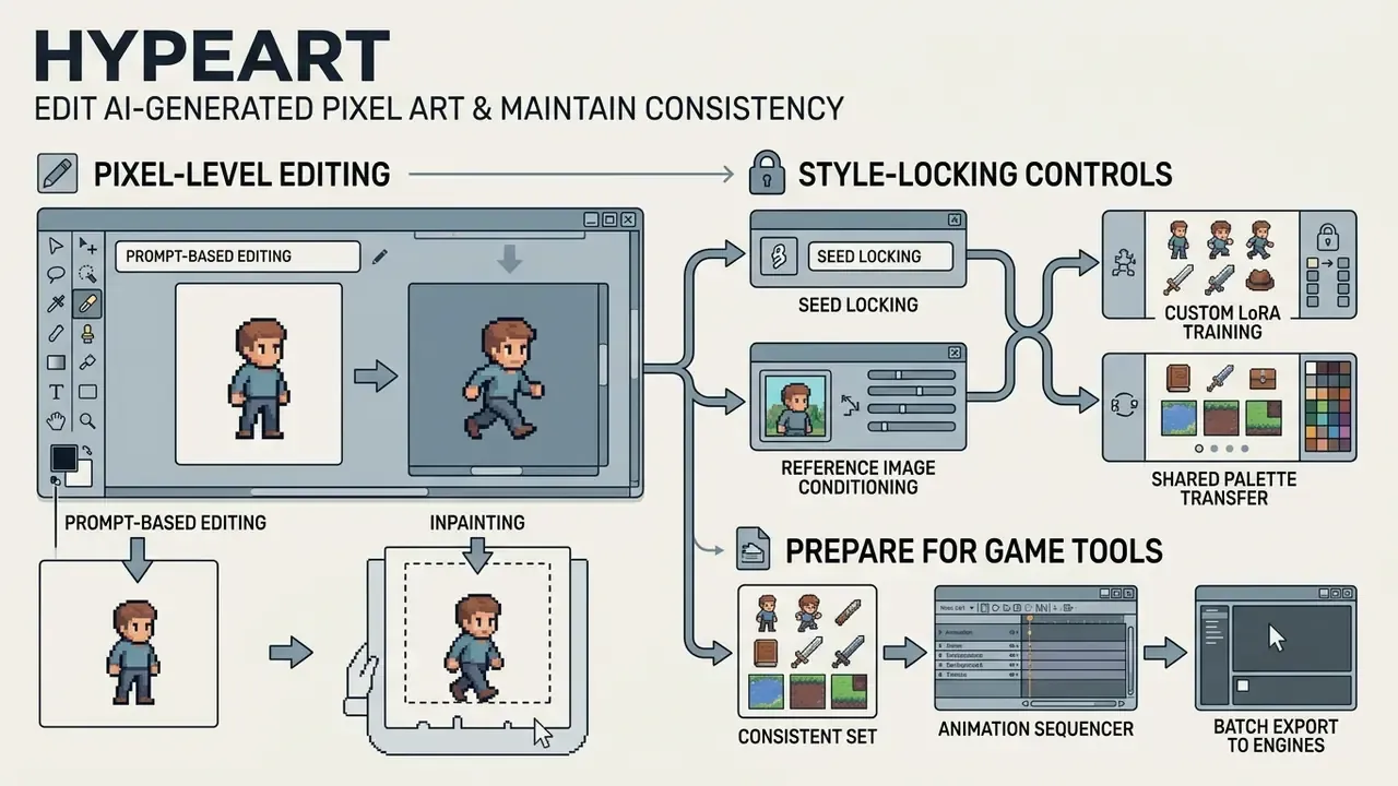 Workflow diagram showing pixel-level editing, style-locking controls, and preparation for game engines