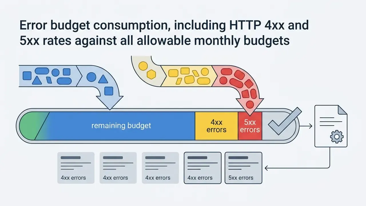 Pipeline visualization showing HTTP error rates filling a monthly budget bar with report generation