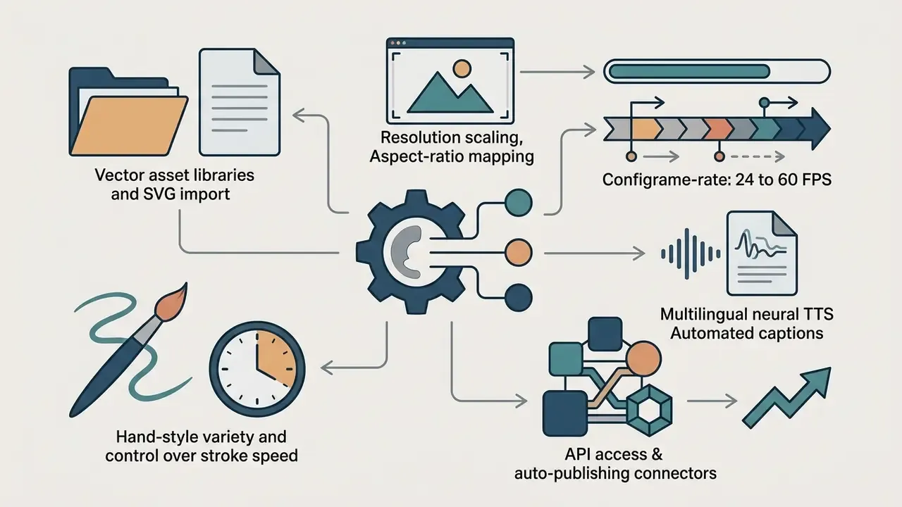 Central gear mechanism connecting vector assets, animation settings, audio synthesis, and API connectors