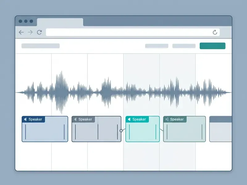 Browser-based AI subtitle editor interface featuring an audio waveform timeline and editable caption blocks