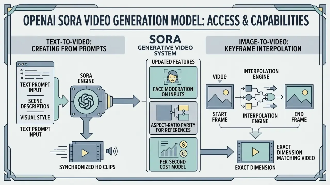Diagram showing text-to-video and image-to-video workflows for the OpenAI Sora generative video system