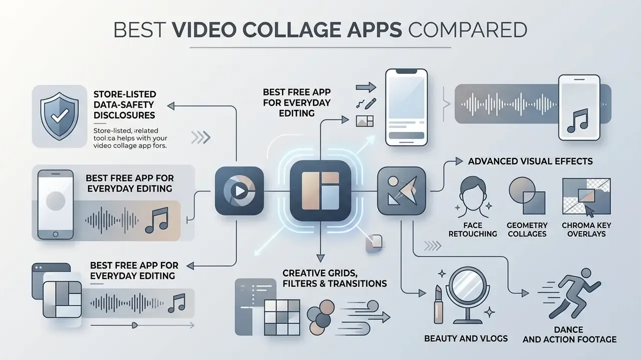 Diagram mapping features like data safety, music integration, creative grids, and visual effects