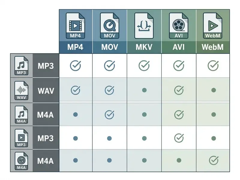 Compatibility table showing which video formats can be converted into specific audio output file types