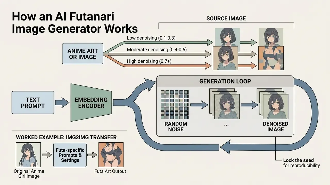 Diagram showing text prompts and image denoising levels used by a futa AI generator to create art
