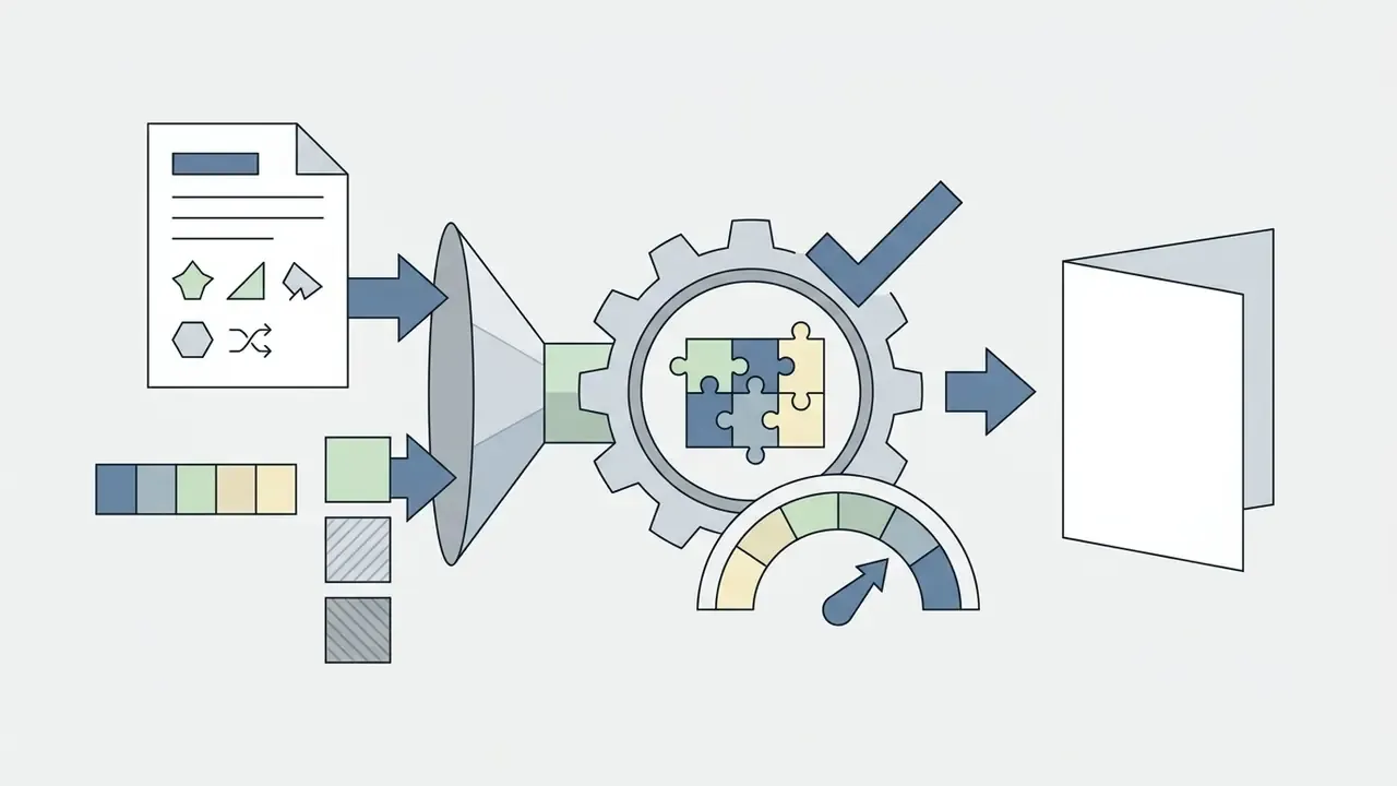 Document and color palette inputs funneling into a gear mechanism to generate a folded card design