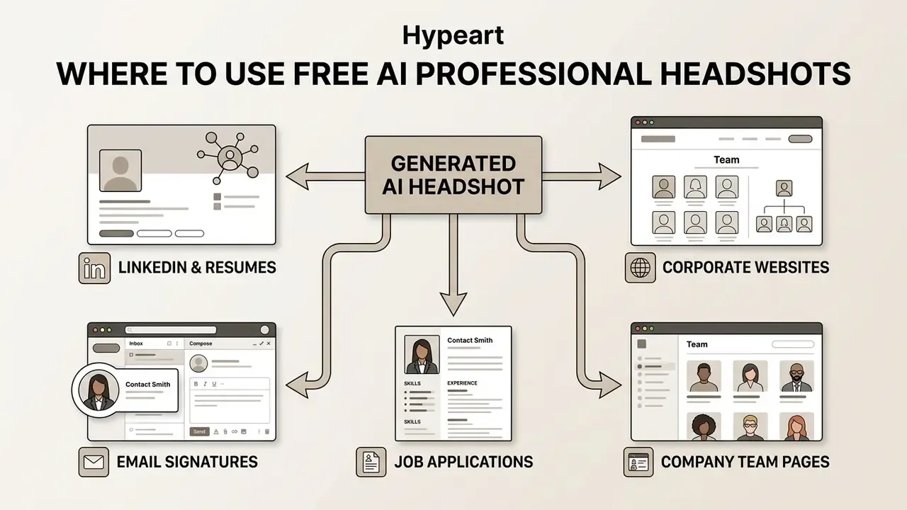 Diagram showing various professional use cases for a generated AI headshot including resumes and websites