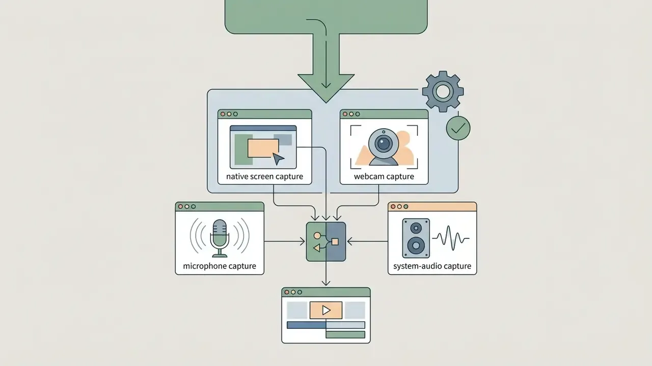 Visual representation of screen, webcam, microphone, and system audio inputs feeding into a video editor