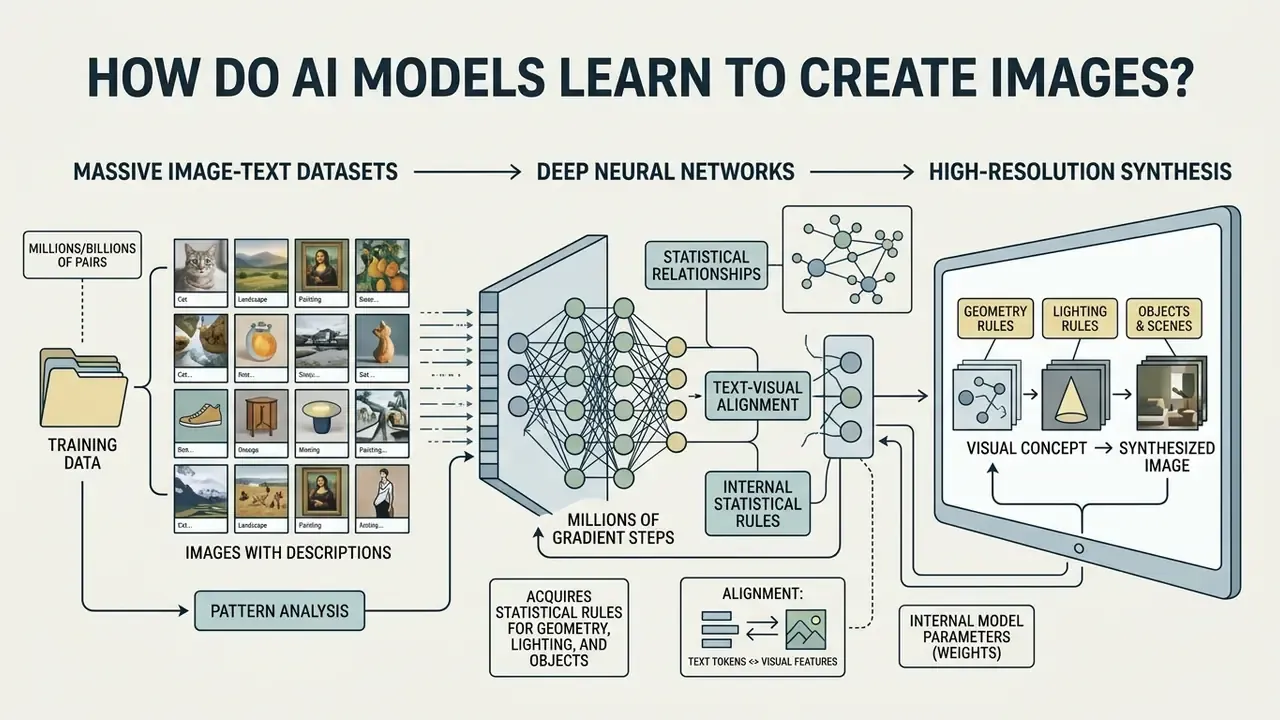 Flowchart detailing the progression from paired image-text datasets through neural networks to synthesis