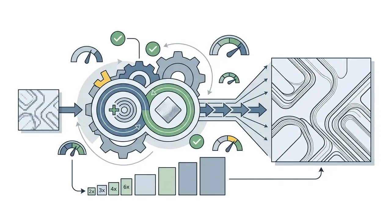 Diagram showing a low-resolution image entering a gear-driven processing system to produce a sharp output