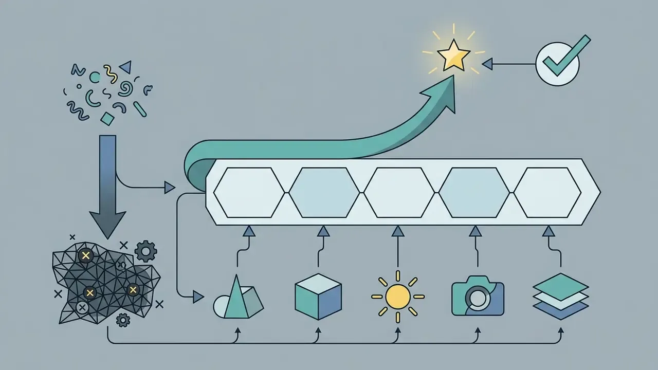 Five icons representing prompt elements feeding into a process that transforms chaotic input into a star