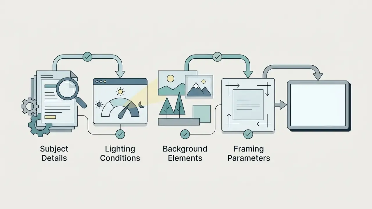 Sequential process icons showing how to combine subject, lighting, background, and framing for design