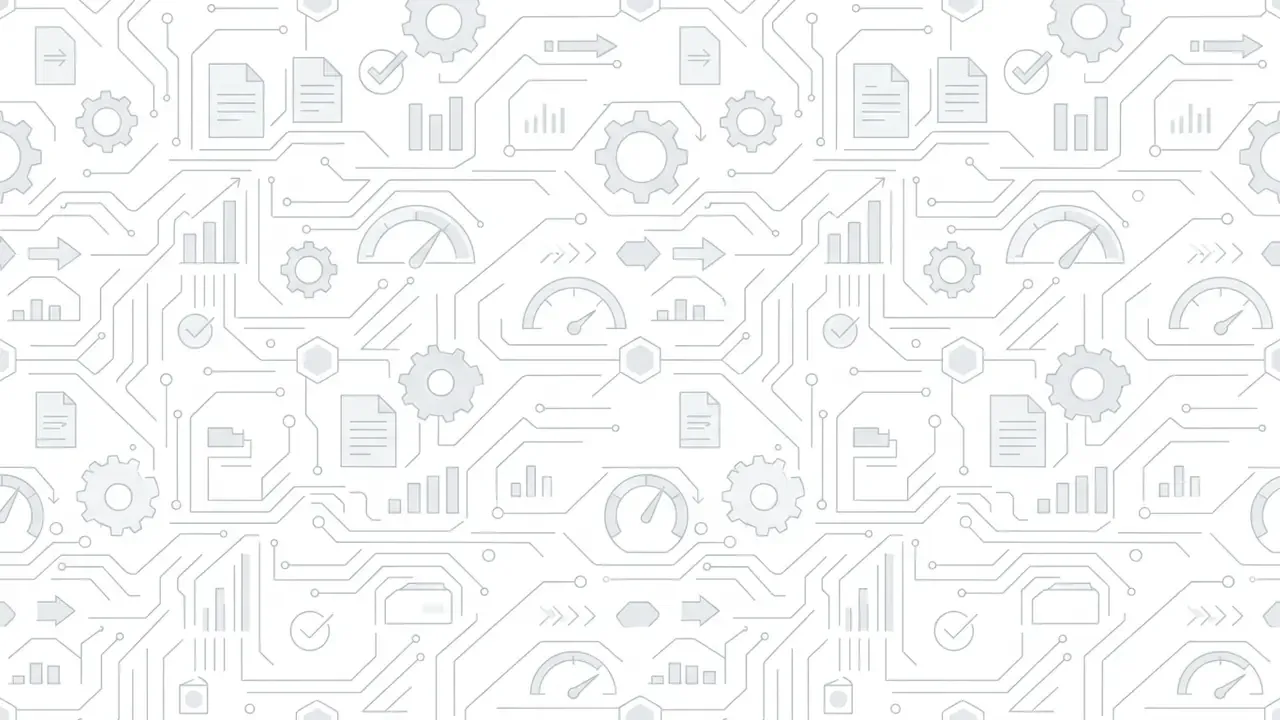 Repeating pattern of light grey circuit board lines interspersed with gear, document, and gauge icons