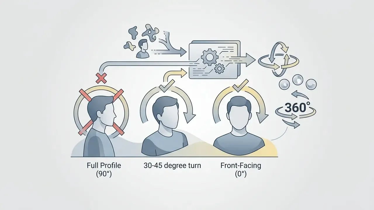 Diagram comparing head angles for 360-degree rotation showing preferred front and angled views