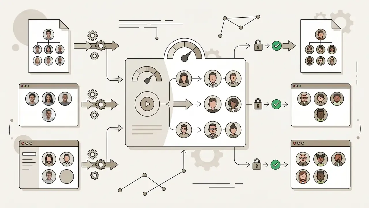 Corporate org charts feeding into a central processing unit that outputs secure stylized avatar versions