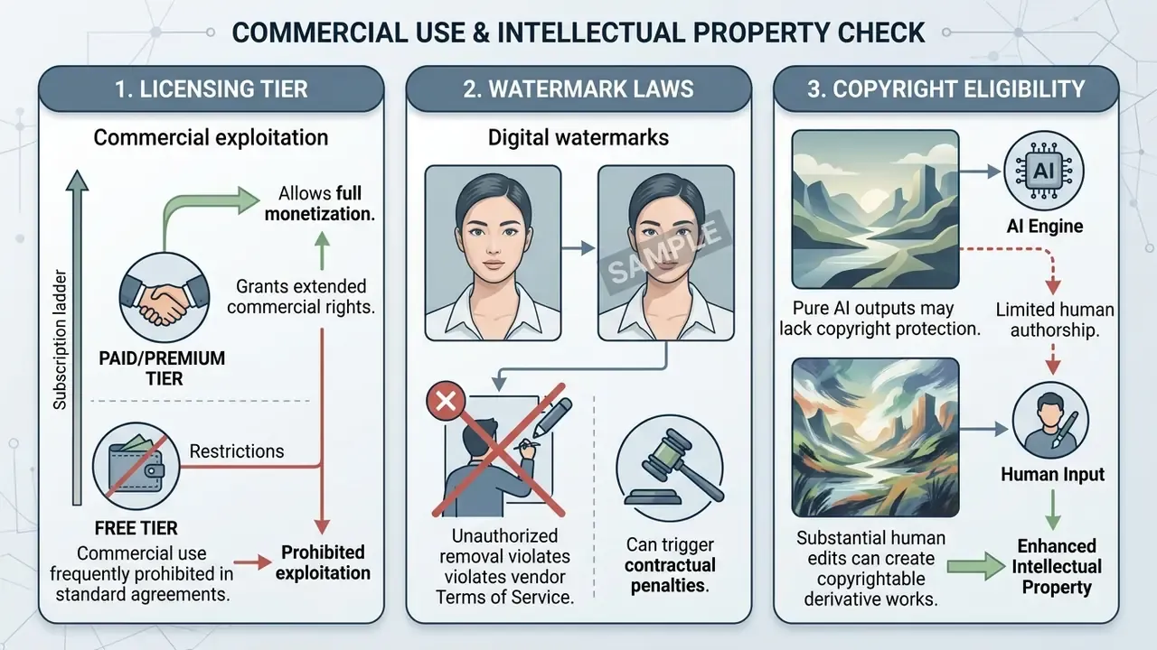 Three-part guide explaining commercial licensing tiers, digital watermark rules, and copyright factors