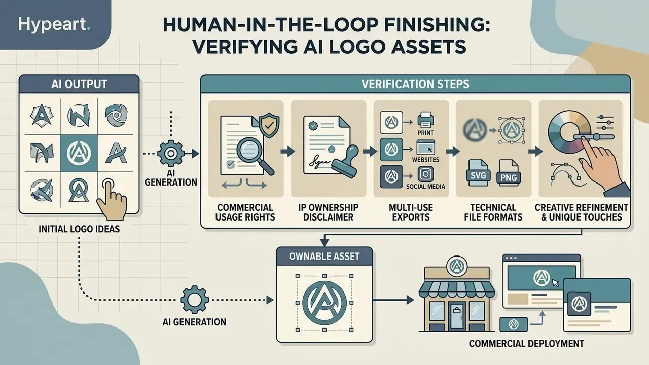 Flowchart showing the five-step verification process for turning AI logo concepts into ownable assets