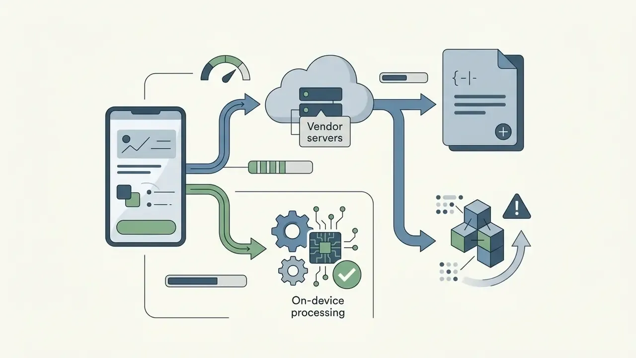Flowchart showing data moving from a smartphone to cloud servers or local on-device processing