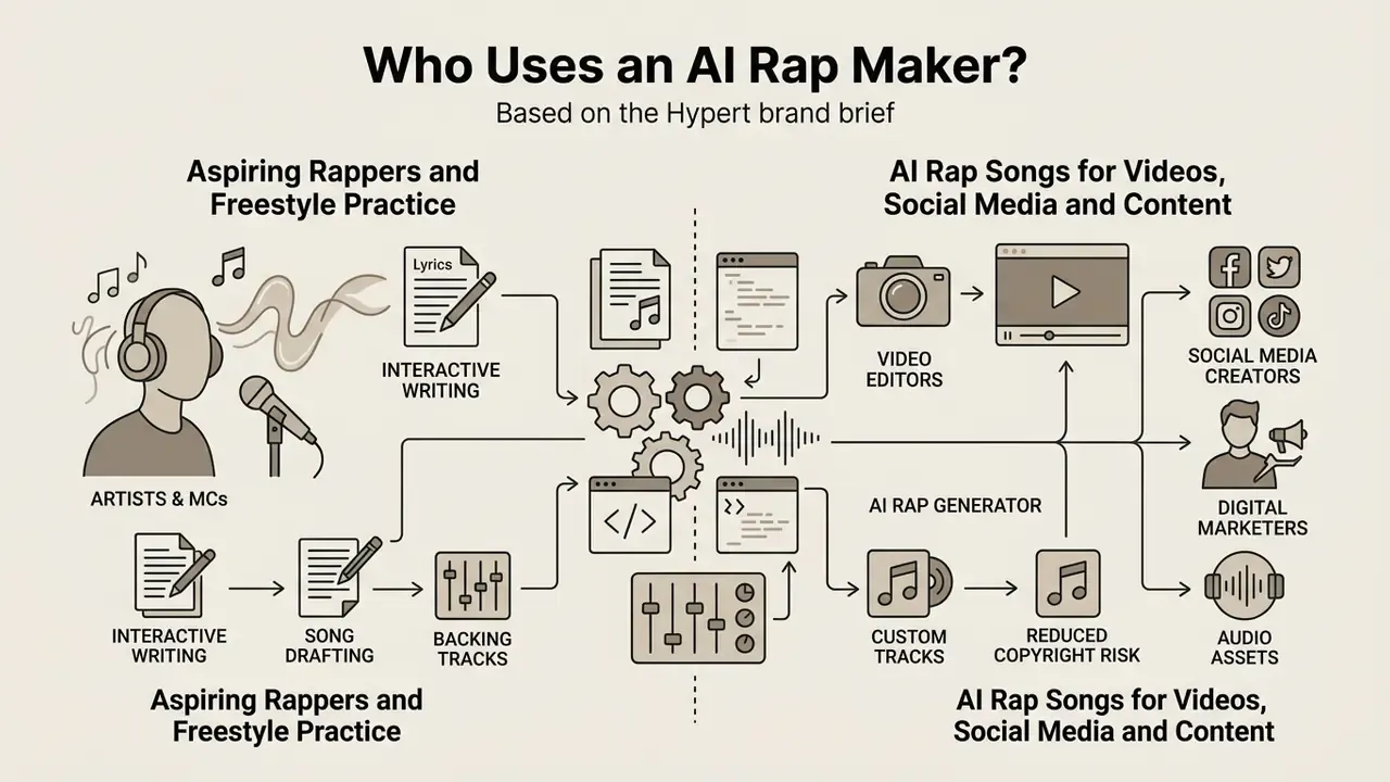 Icons showing how artists and content creators use software tools to produce lyrics and audio tracks