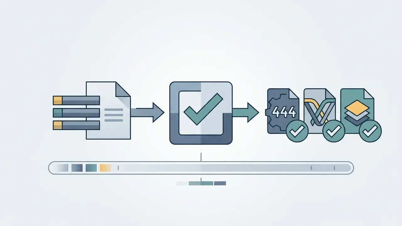 Process flow showing a document being verified and converted into three compatible video file formats