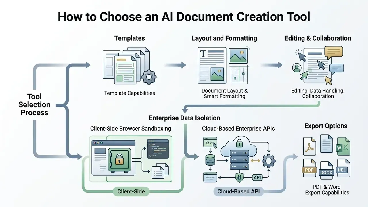 Flowchart outlining criteria for evaluating software including templates, data isolation, and file exports