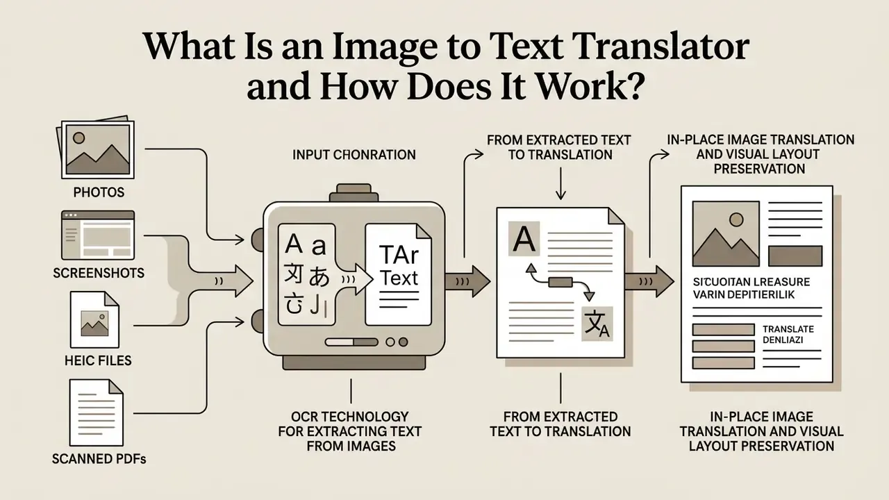 Diagram illustrating the process of converting image files into translated text while keeping the layout