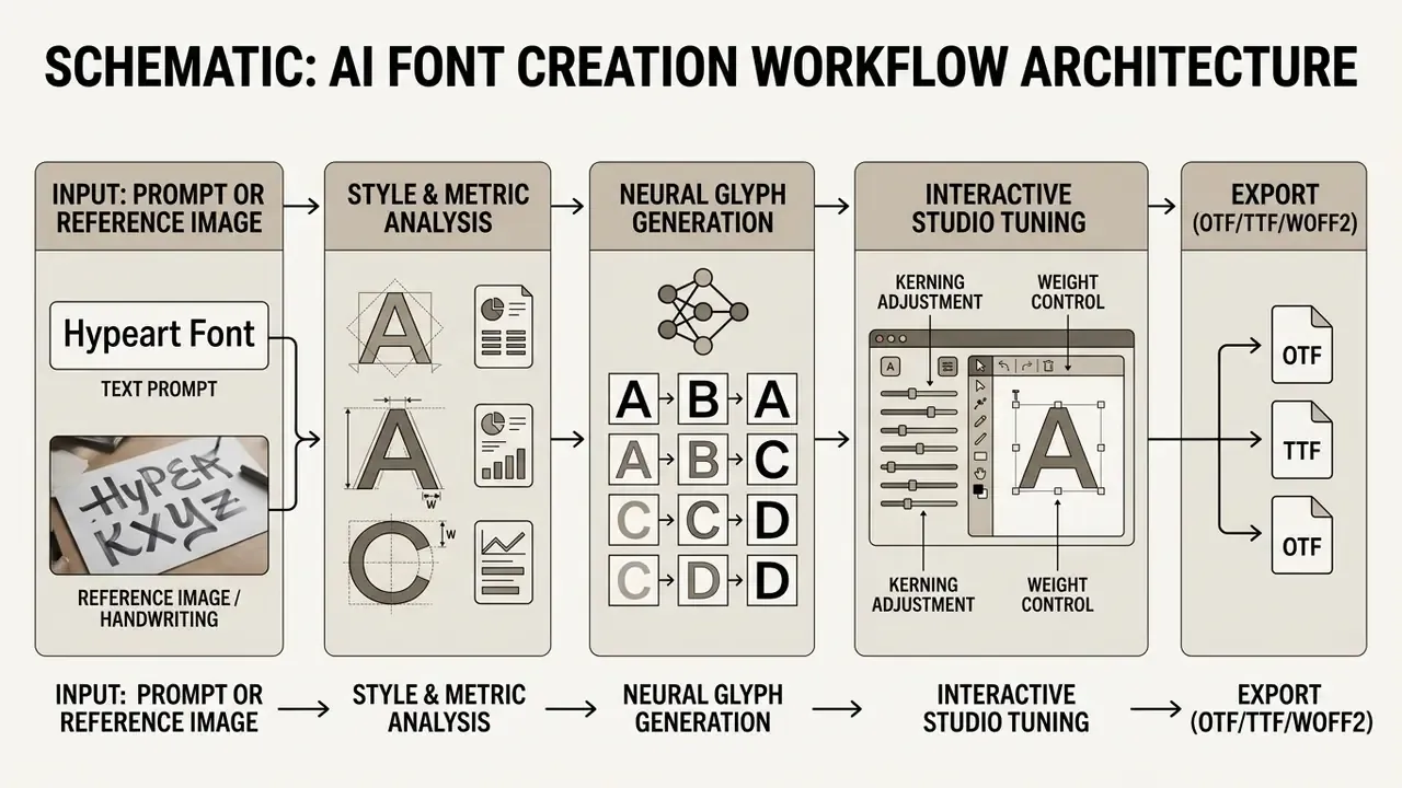 Linear process flow showing AI font generator stages from initial prompt to final file export