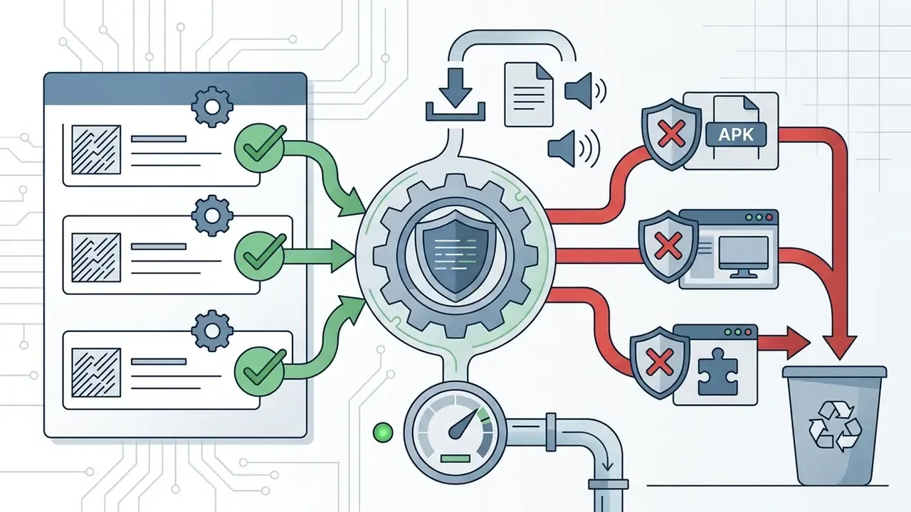 Security shield blocking APK files, desktop binaries, and browser extensions from a data workflow