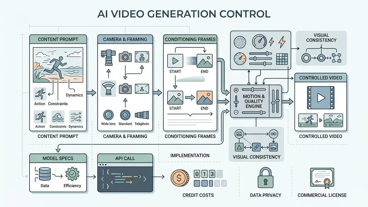 Flowchart detailing inputs for motion, camera angles, and conditioning frames to generate controlled video