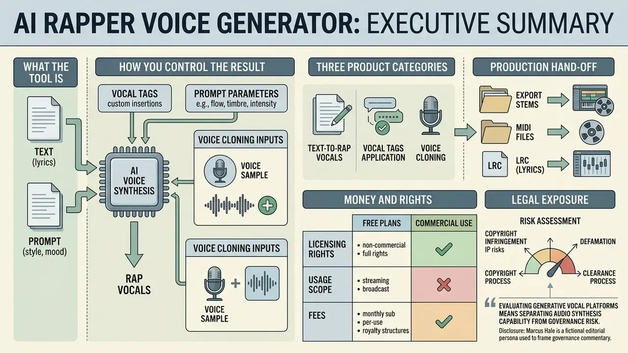 Infographic showing the workflow, categories, and legal risks of an AI rapper voice generator