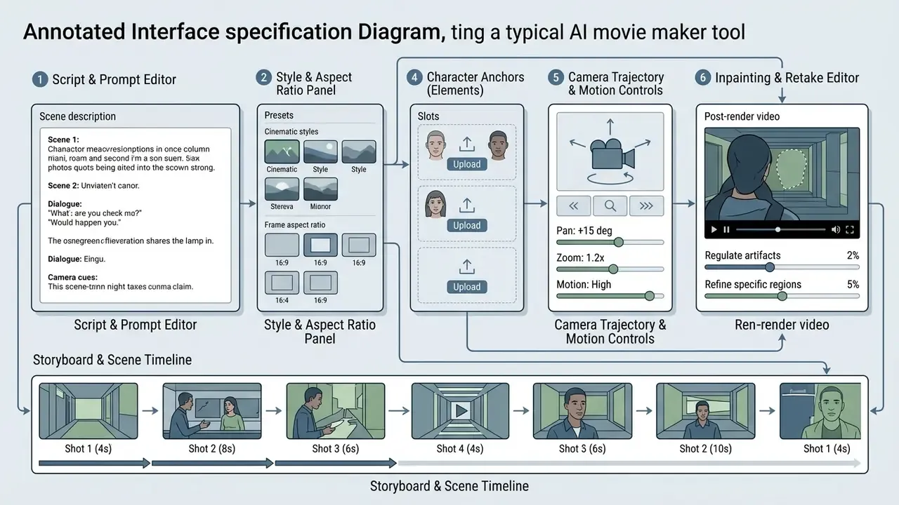 Interface layout showing script input, style selection, character anchoring, camera motion, and refinement