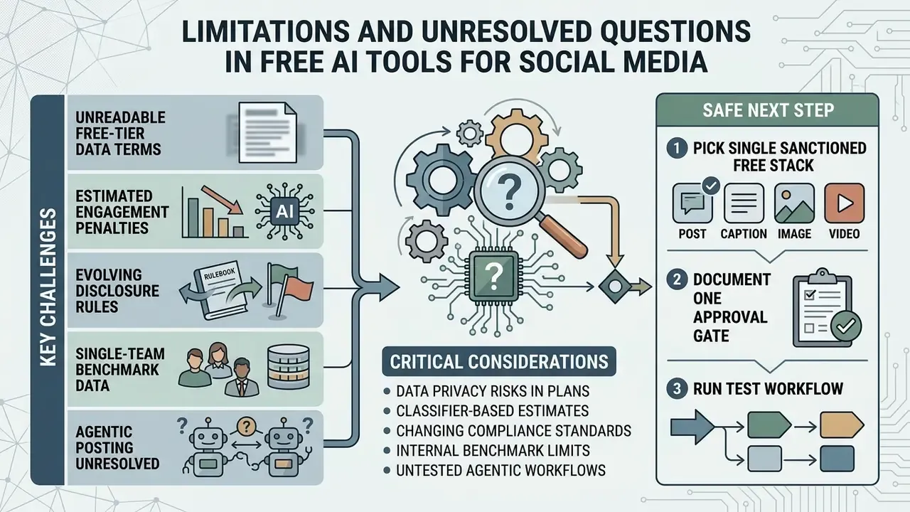 Infographic showing key challenges of AI tools alongside a safe three-step implementation workflow