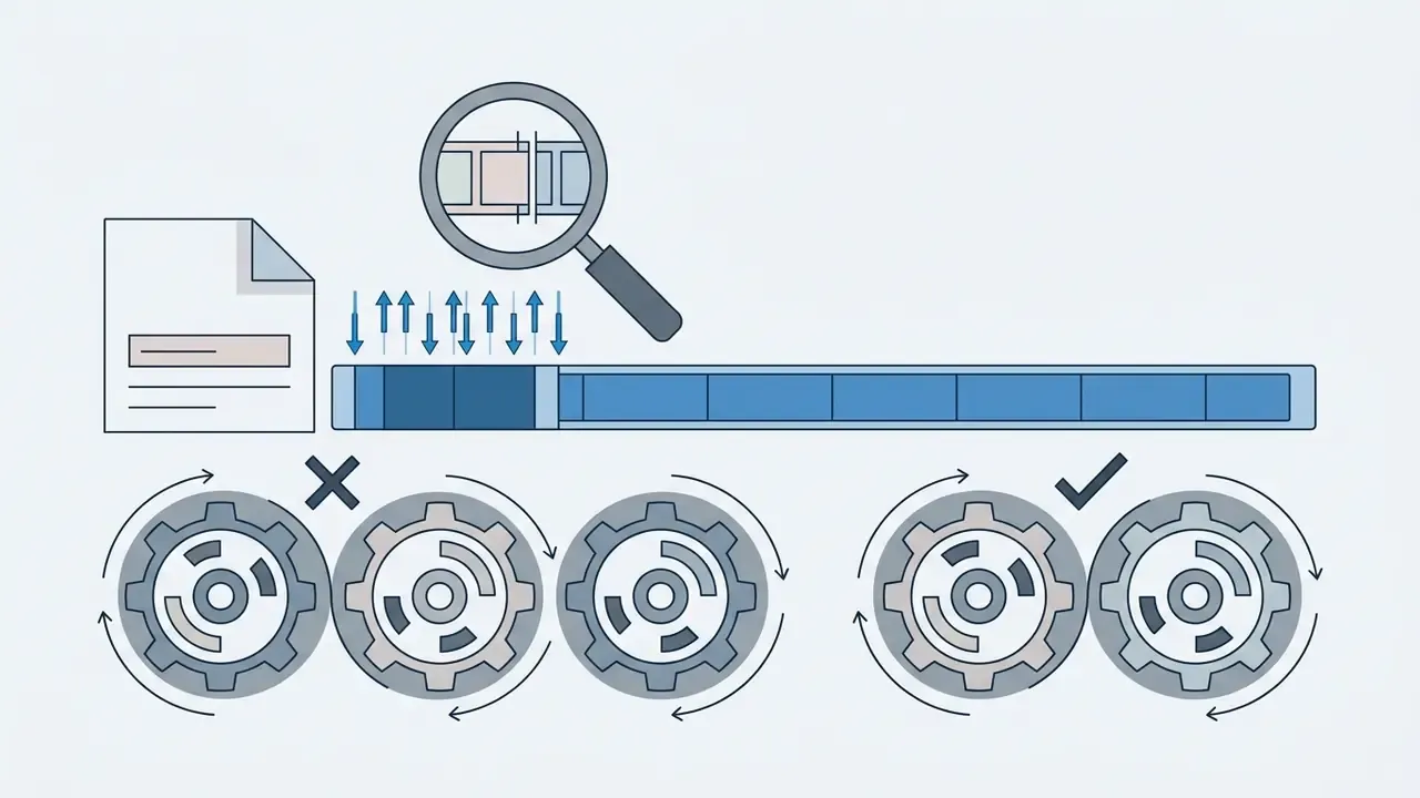 Magnifying glass examining a video timeline with gears indicating smooth versus jerky looping transitions