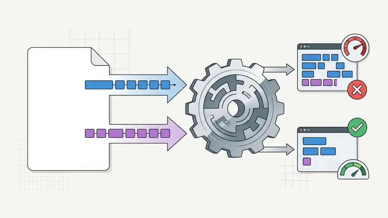 Document segments flowing through a gear mechanism into either failed or successful processing states