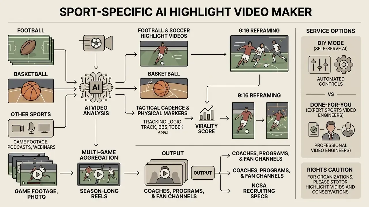 Diagram showing how AI analyzes sports footage to create reframed clips and season-long reels for various users