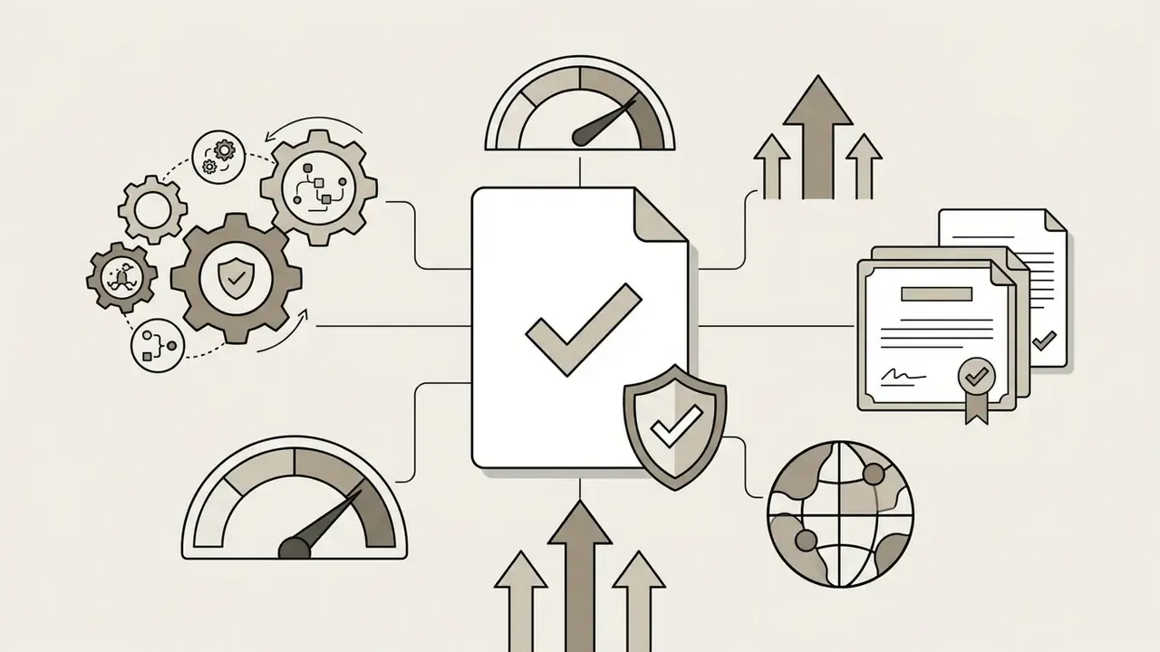 Shield and gear icons connecting to a central document with performance gauges and compliance certificates