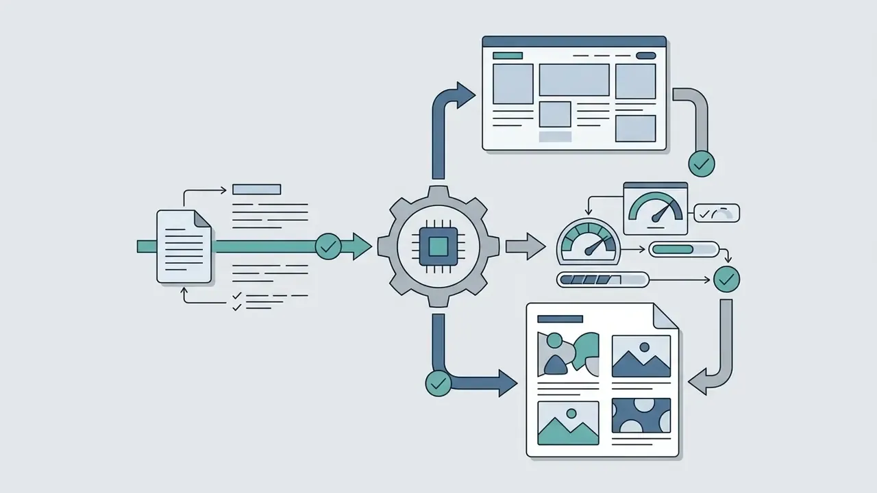 Central gear processing text inputs into structured web layouts and generated image grids