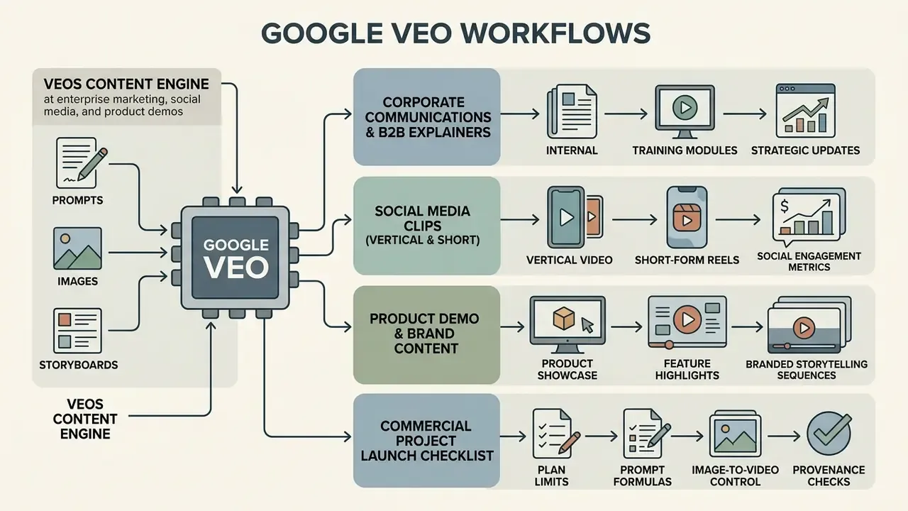 Overview of Google Veo enterprise workflows for corporate communications, social media, and product demos