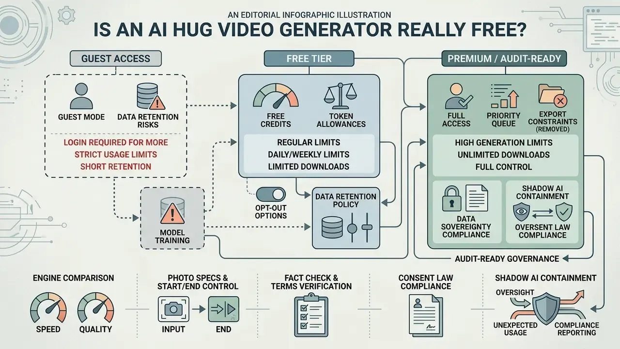 Flowchart comparing free and premium tiers for an ai hug video generator with data and compliance risks