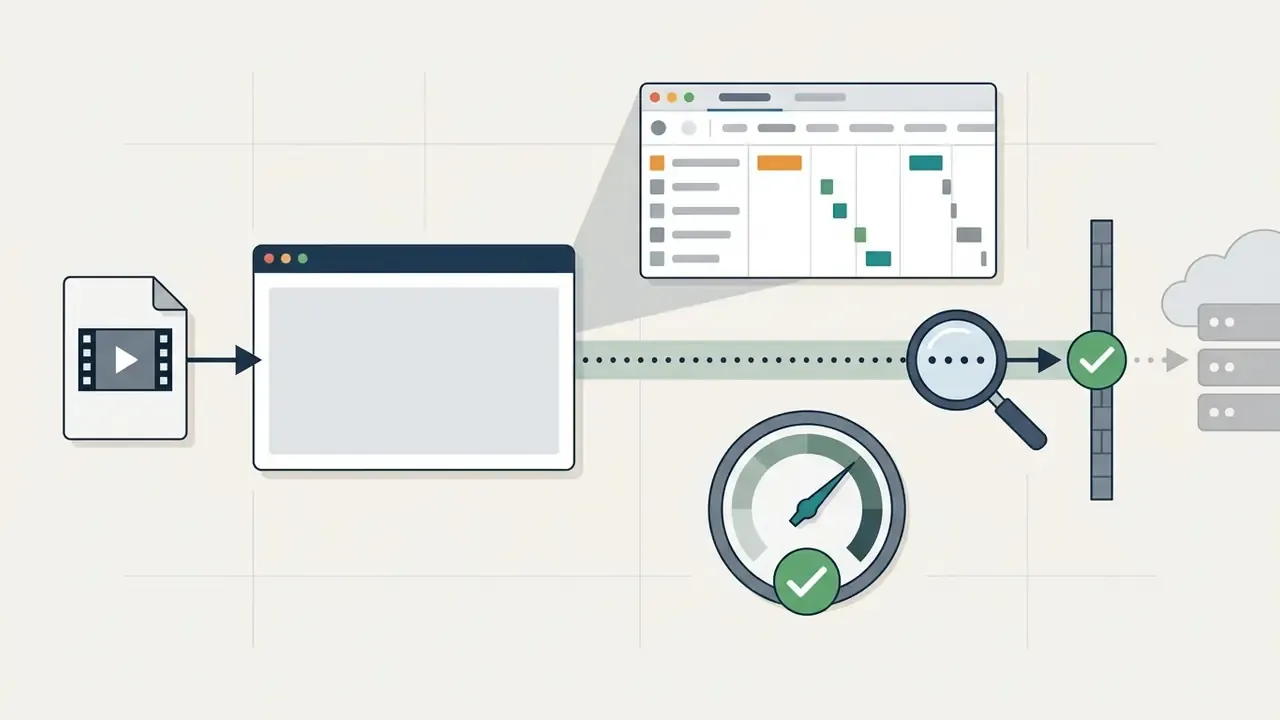 Browser window inspecting network traffic and performance metrics for local file processing