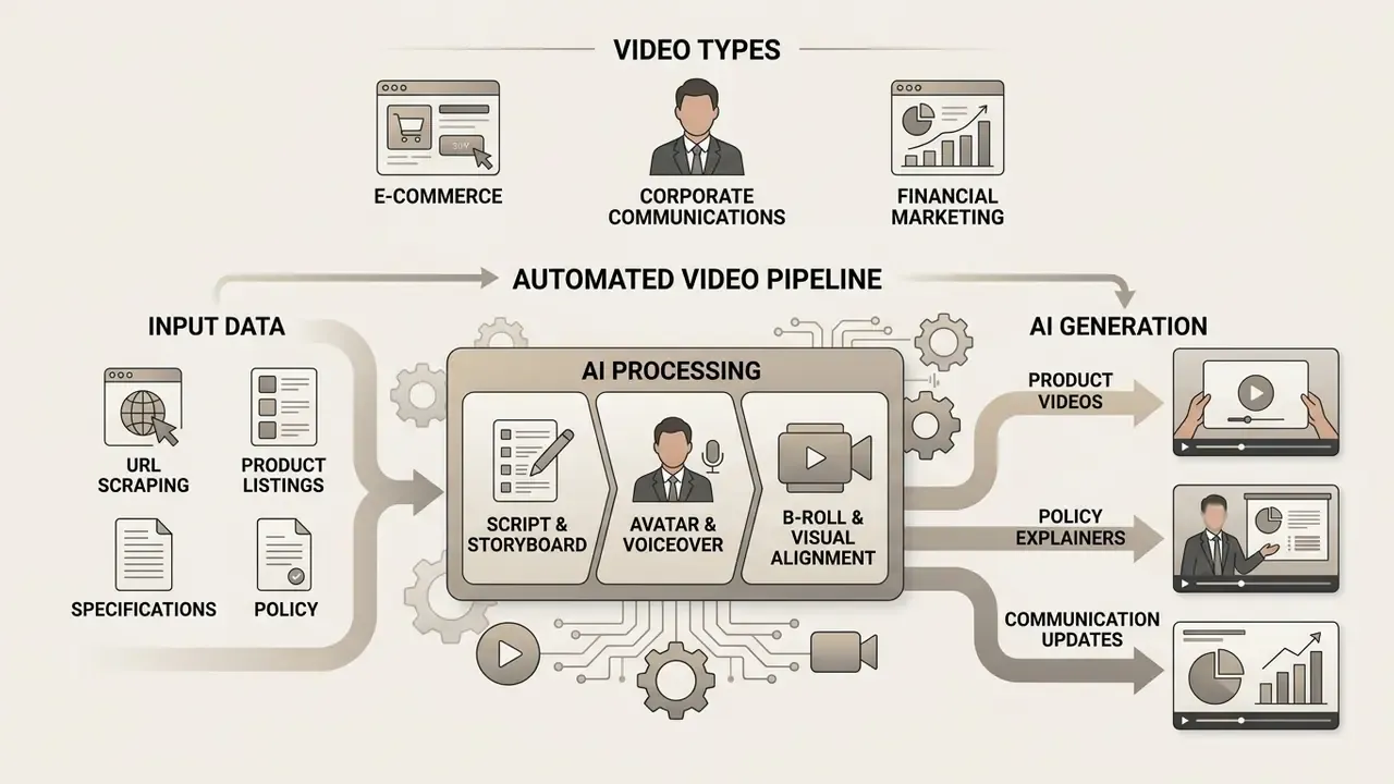 Diagram showing an automated pipeline that converts input data into various types of business videos