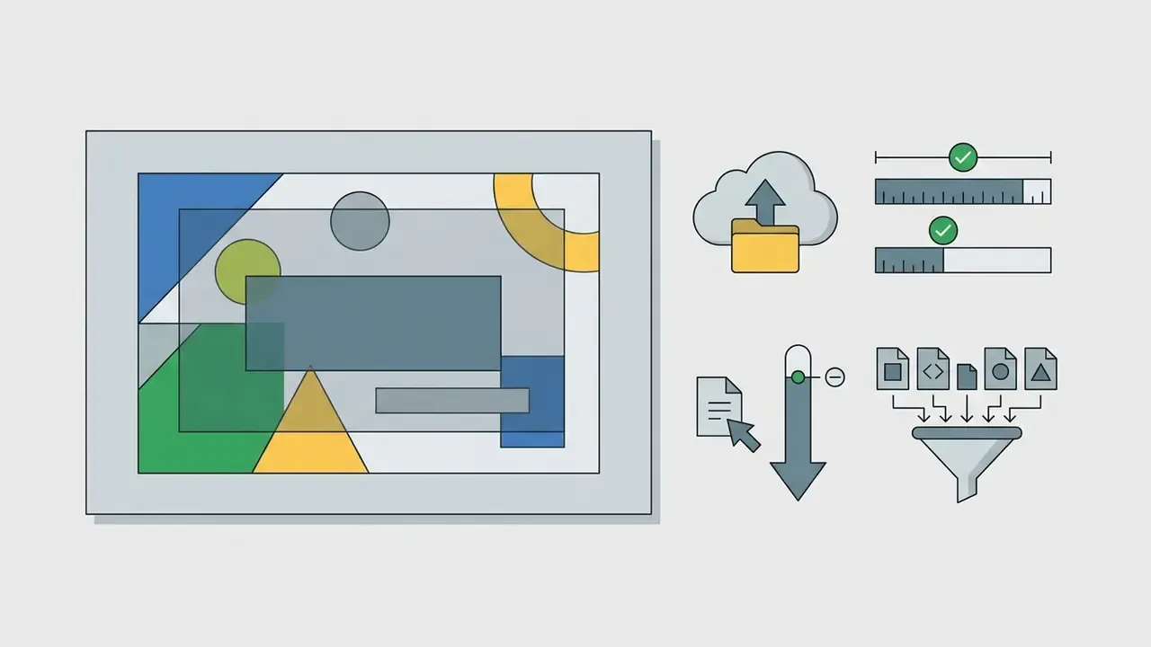 Canvas frame with geometric shapes alongside icons for file uploads, size scaling, and format filtering