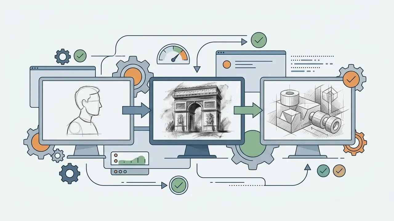 Three computer monitors displaying pencil sketches connected by arrows and surrounded by mechanical gears