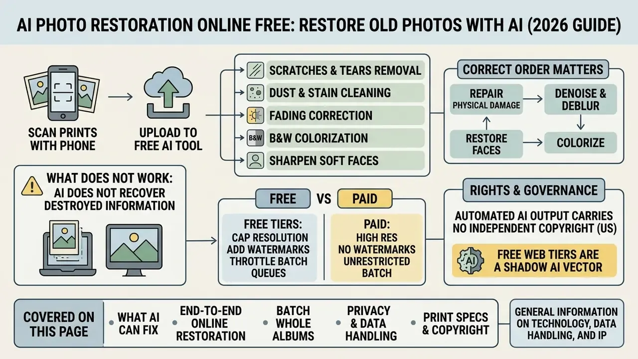 Infographic showing the process of using AI to restore old photos, including steps, limitations, and risks