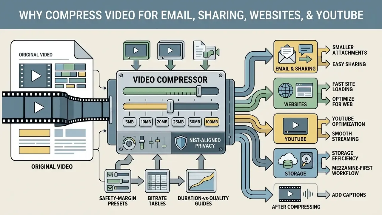 Central processor transforming original video files into optimized formats for email, web, and storage