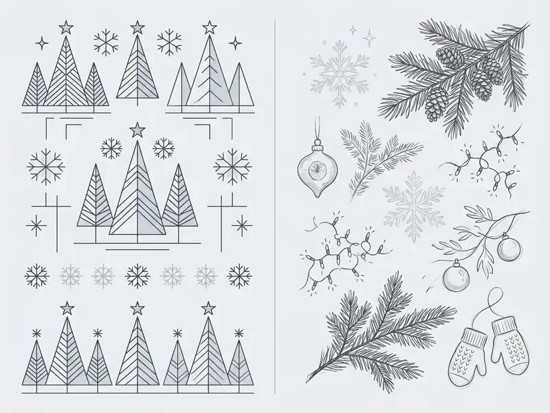 Geometric christmas trees on the left and hand drawn festive foliage and ornaments on the right