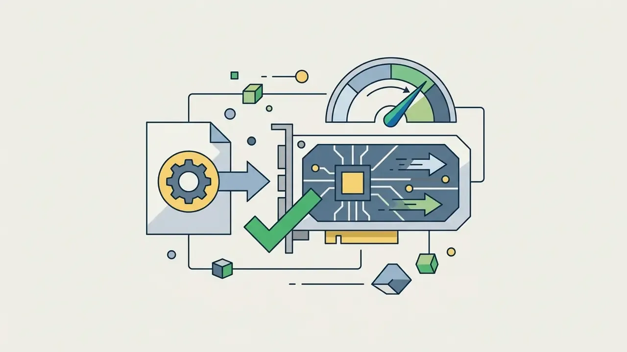 Graphics card icon with a checkmark pointing toward a performance gauge for VideoPad compatibility